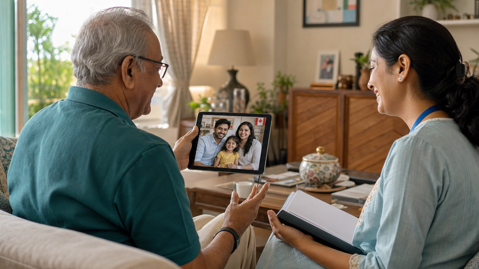 Indian father connecting with his family in Canada alongside a CuraMitra care coordinator